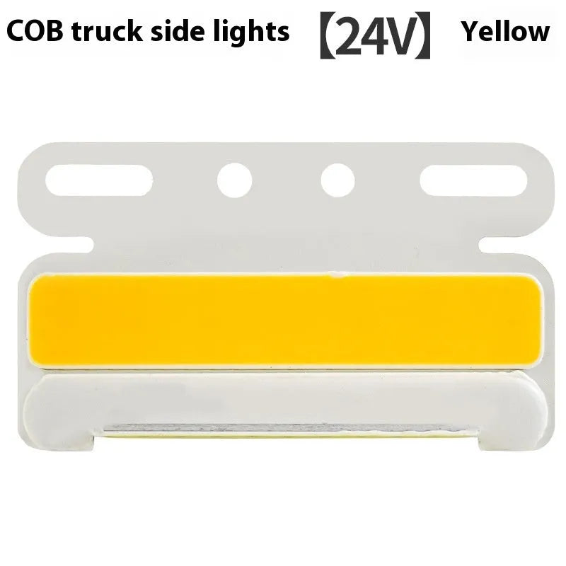 Waterproof aluminium alloy LED side light for trucks, showing bright COB illumination in blue, mounted near a vehicle tyre.
