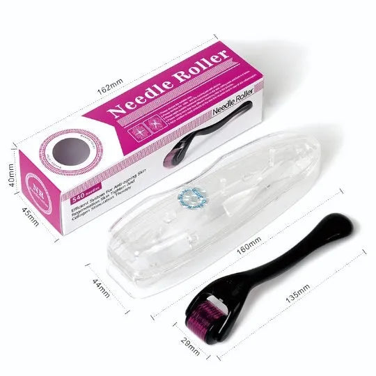 Black and purple titanium derma roller for face and scalp with 540 microneedles, showing different needle size options.