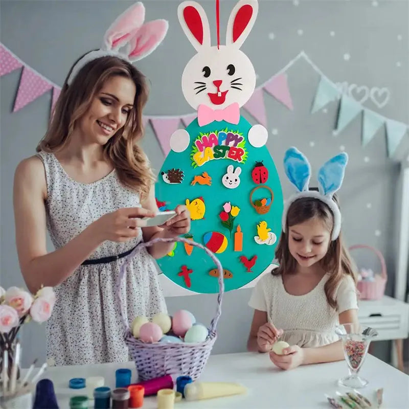 Easter felt bunny pendant with 7 detachable egg patches, 89 cm x 51 cm, for wall or door decoration