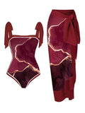 Women's printed chiffon swimsuit with hip skirt in floral pattern