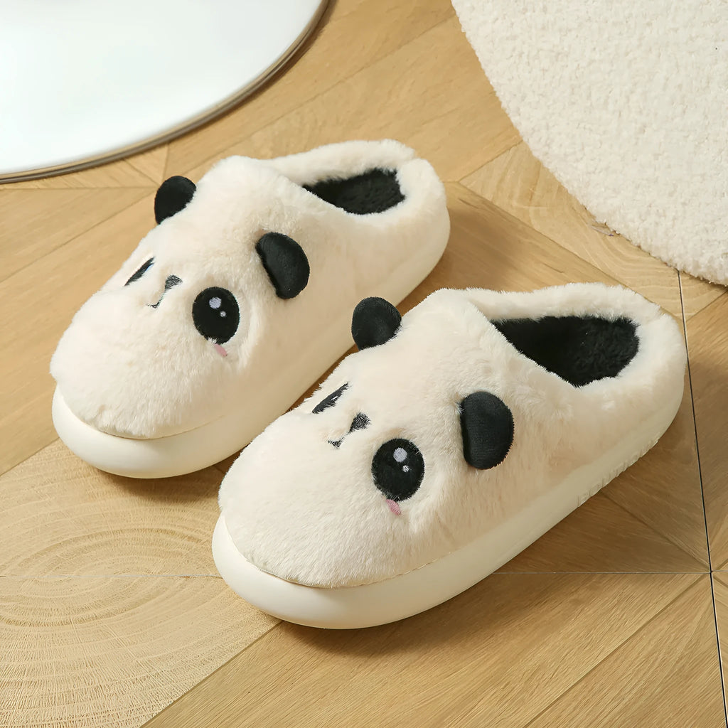 Panda-themed cotton linen toe ring slippers with non-slip PVC sole in unisex adult sizes.