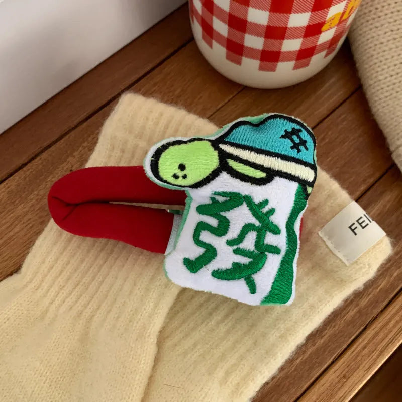 Cartoon doll sponge bang hairpin with retro New Year mahjong Chinese character design