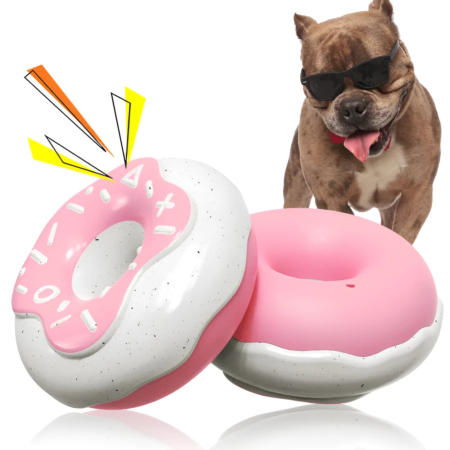 Pink, yellow, and chocolate TPR squeaky donut dog toy for teeth cleaning.
