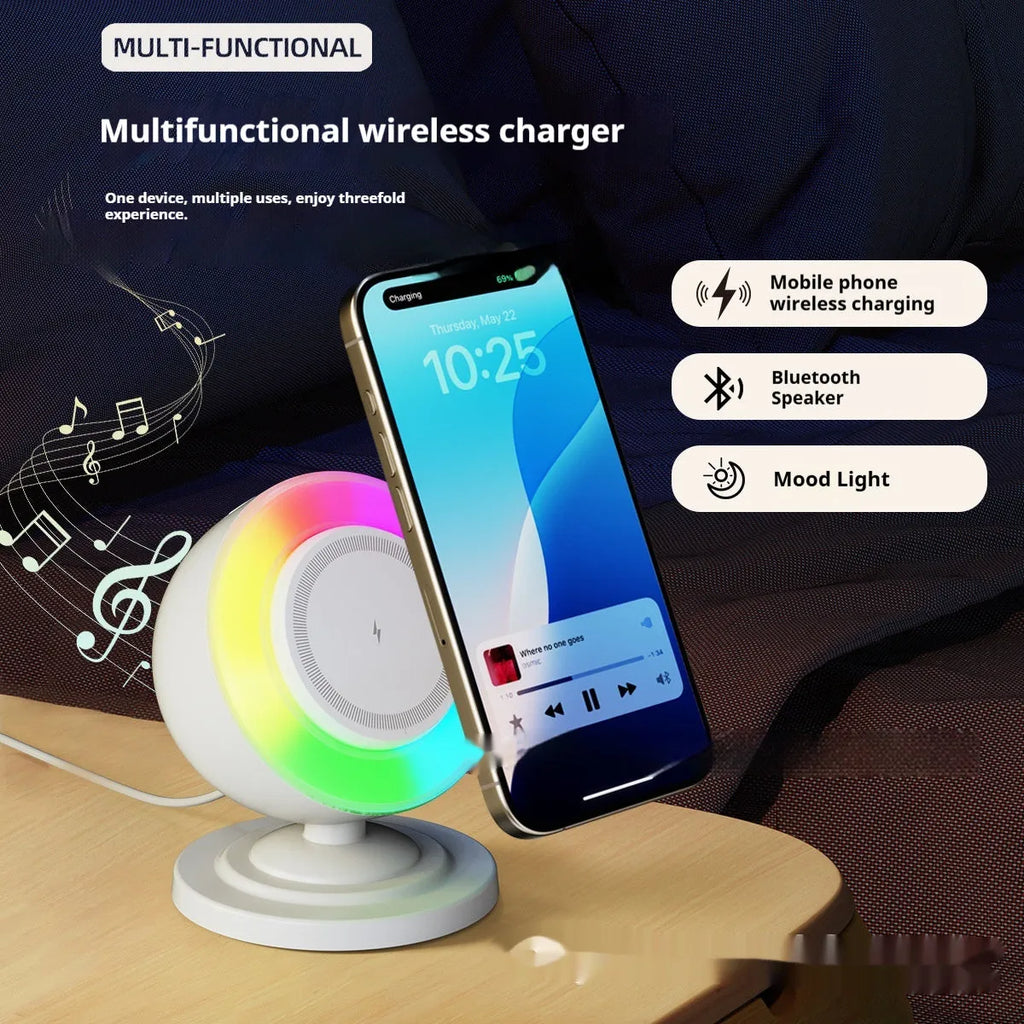 Three-in-one wireless charger with Bluetooth speaker and coloured lights in white finish