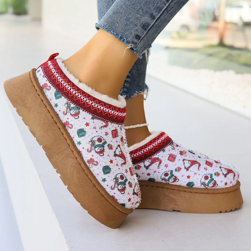 Women's cartoon Christmas print ankle boots with plush lining, round toe, flat heel, available in Santa Claus print