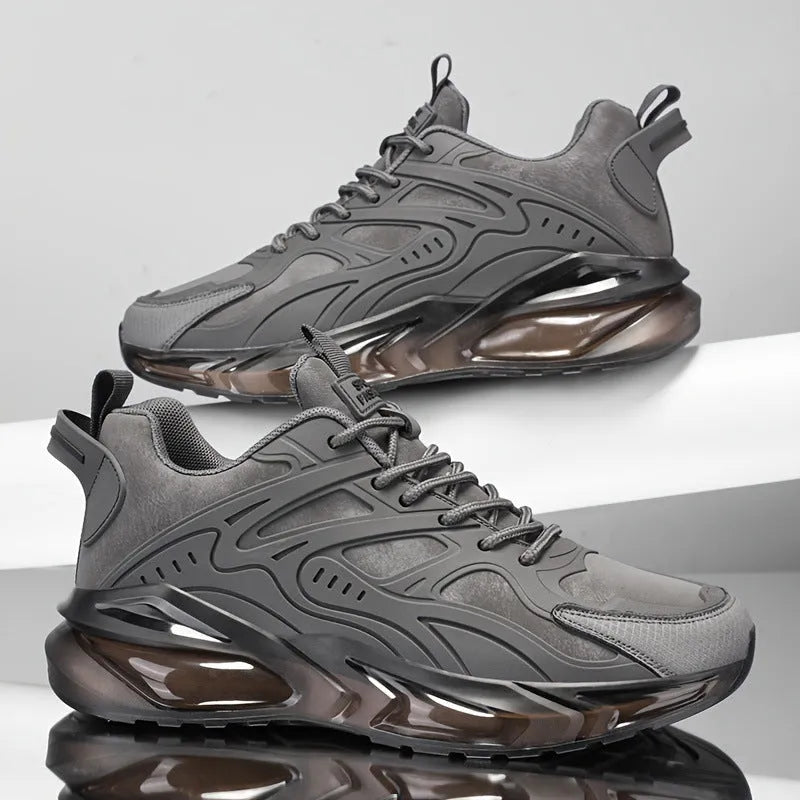 Men's black and grey low-top canvas casual sports sneakers with shock-absorbing soles.