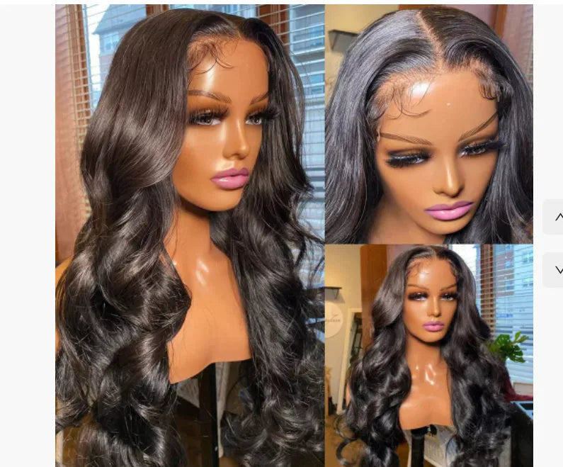 Black long curly synthetic wig on a stand showing 22-inch waves and full-head coverage