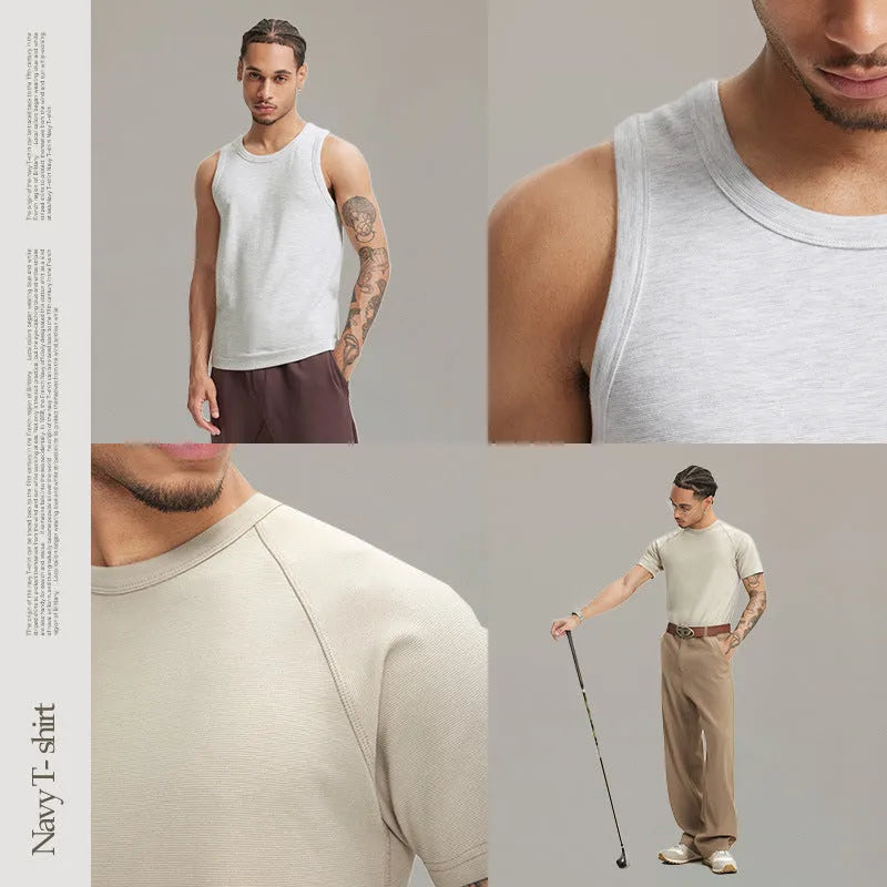 Slim fit stretch t-shirt in vest and short sleeve styles, shown in beige and active black colours.