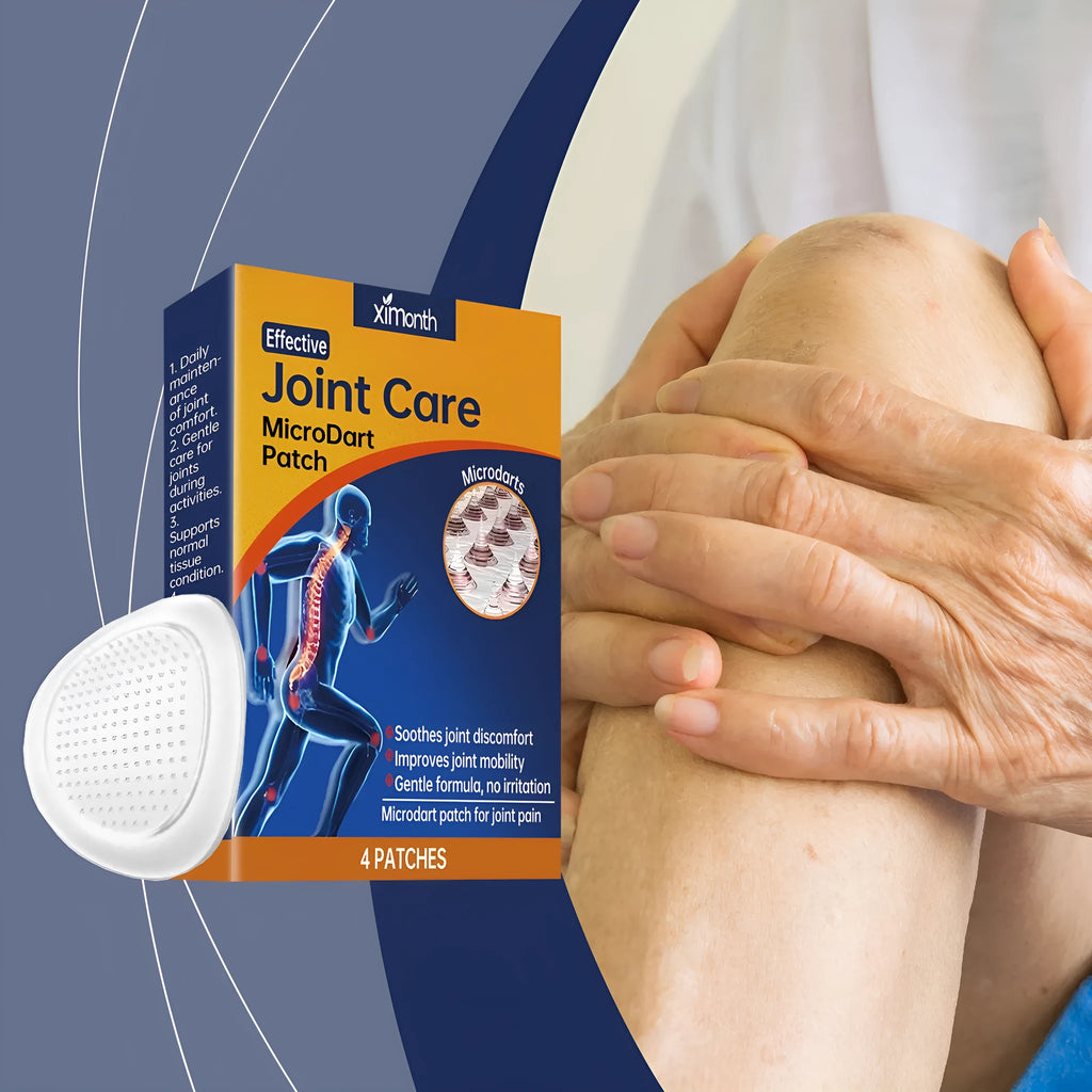 Pack of four joint care microneedle adhesive patches with moxa, ginger and bee venom ingredients.