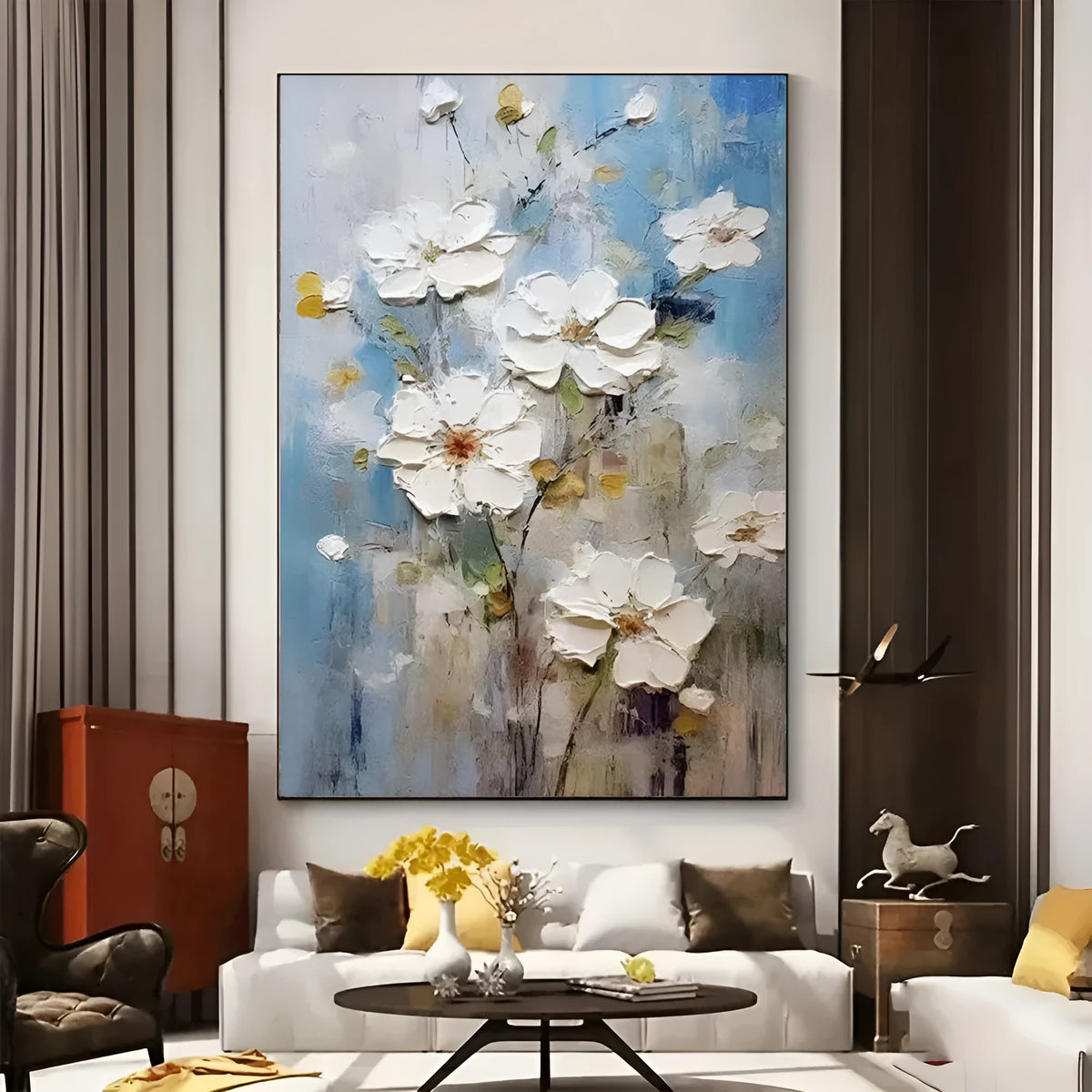 Handmade oil painting canvas wall art with thick 3D texture white modern abstract flowers