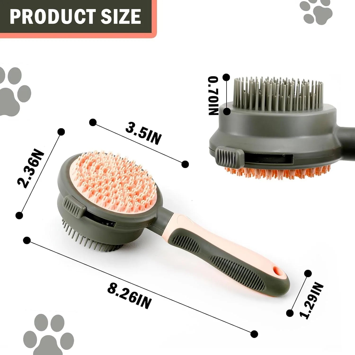 Green and pink double sided cat grooming brush with release button and flea comb on a white background.
