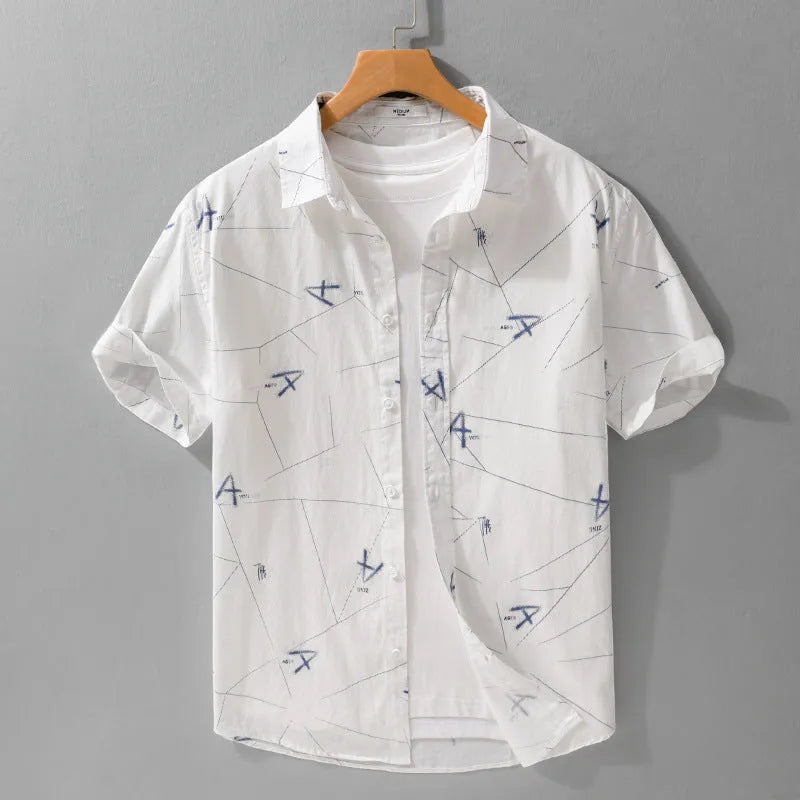 Men's light green pure cotton loose short sleeve shirt with a printed letter design on the chest.