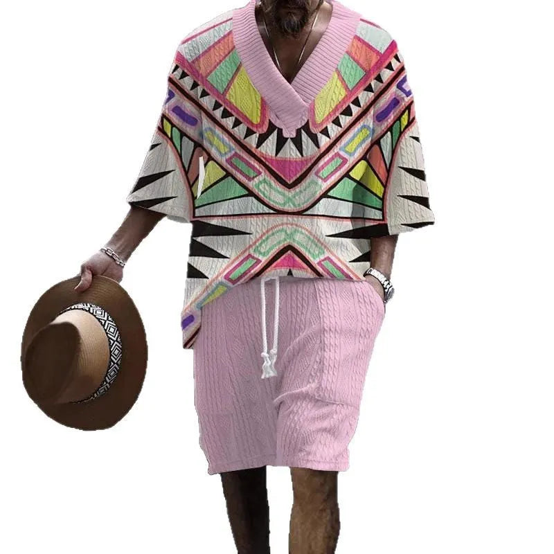 Men's loose casual short sleeve suit set with matching shorts in polyester fabric