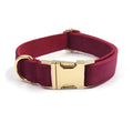 Burgundy velvet pet collar with bow tie and gold engraved clasp, available in sizes XS to XL