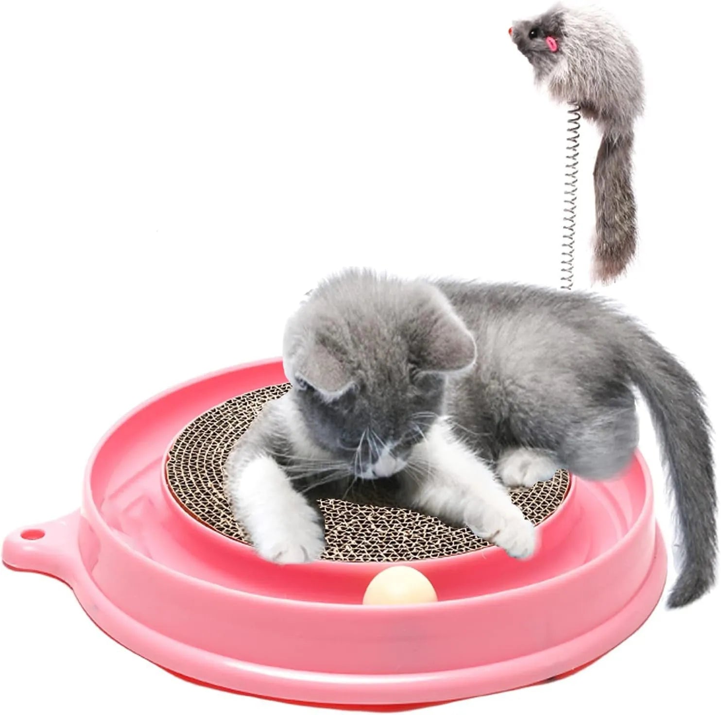 Blue interactive cat scratcher toy with ball track and replaceable scratch pad on a round base.