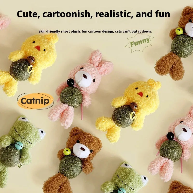 Plush catnip ball toy shaped as a character with a mint-scented centre and bell inside.