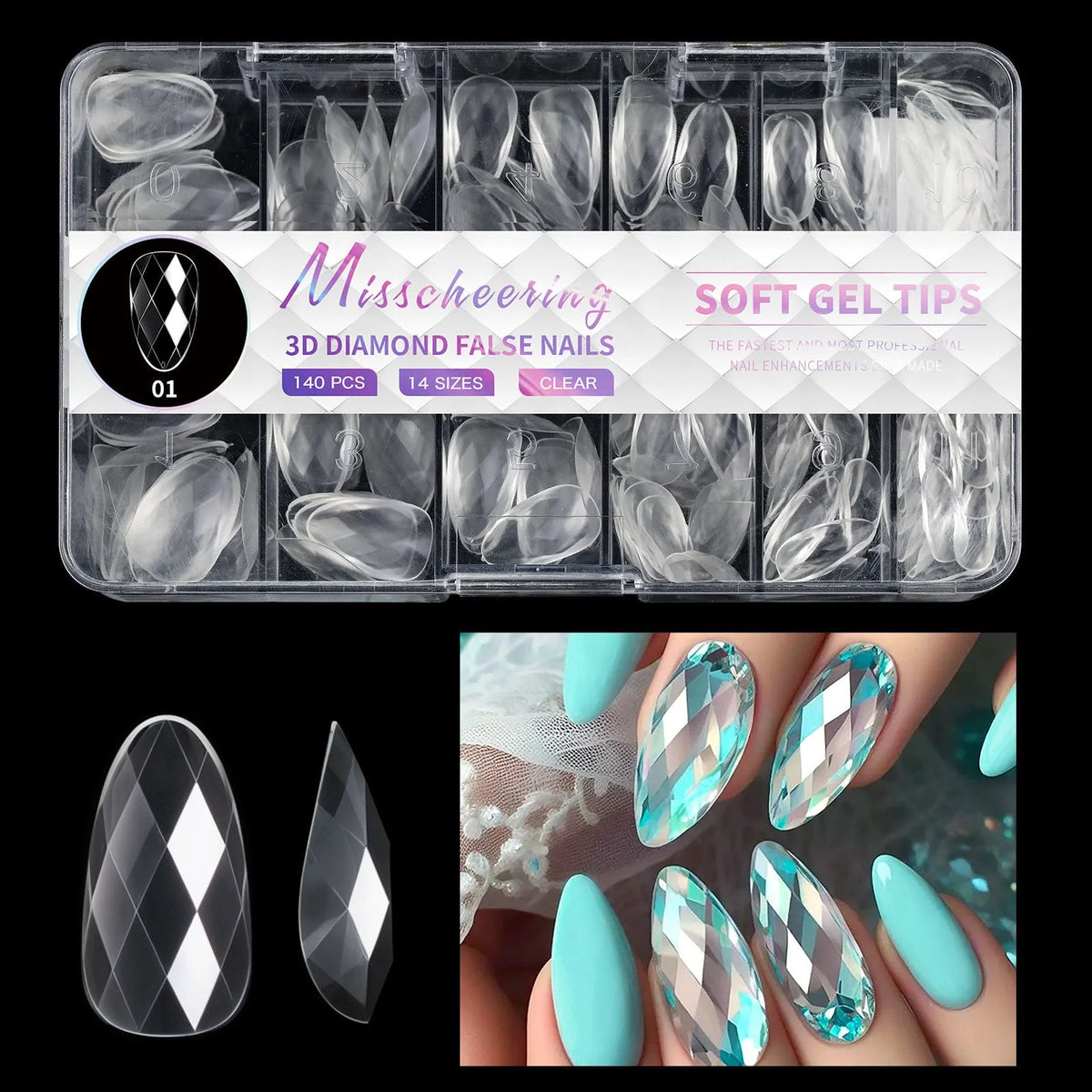 Pack of clear glitter nail extension tips showing 3D diamond design in various colours.