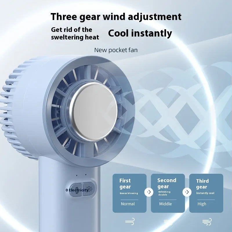 Handheld turbo jet fan in white or light blue colour with compact portable design for personal cooling