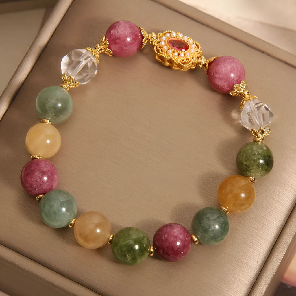 Jade colour tourmaline bracelet for women with round beads and rhinestone accents on alloy base