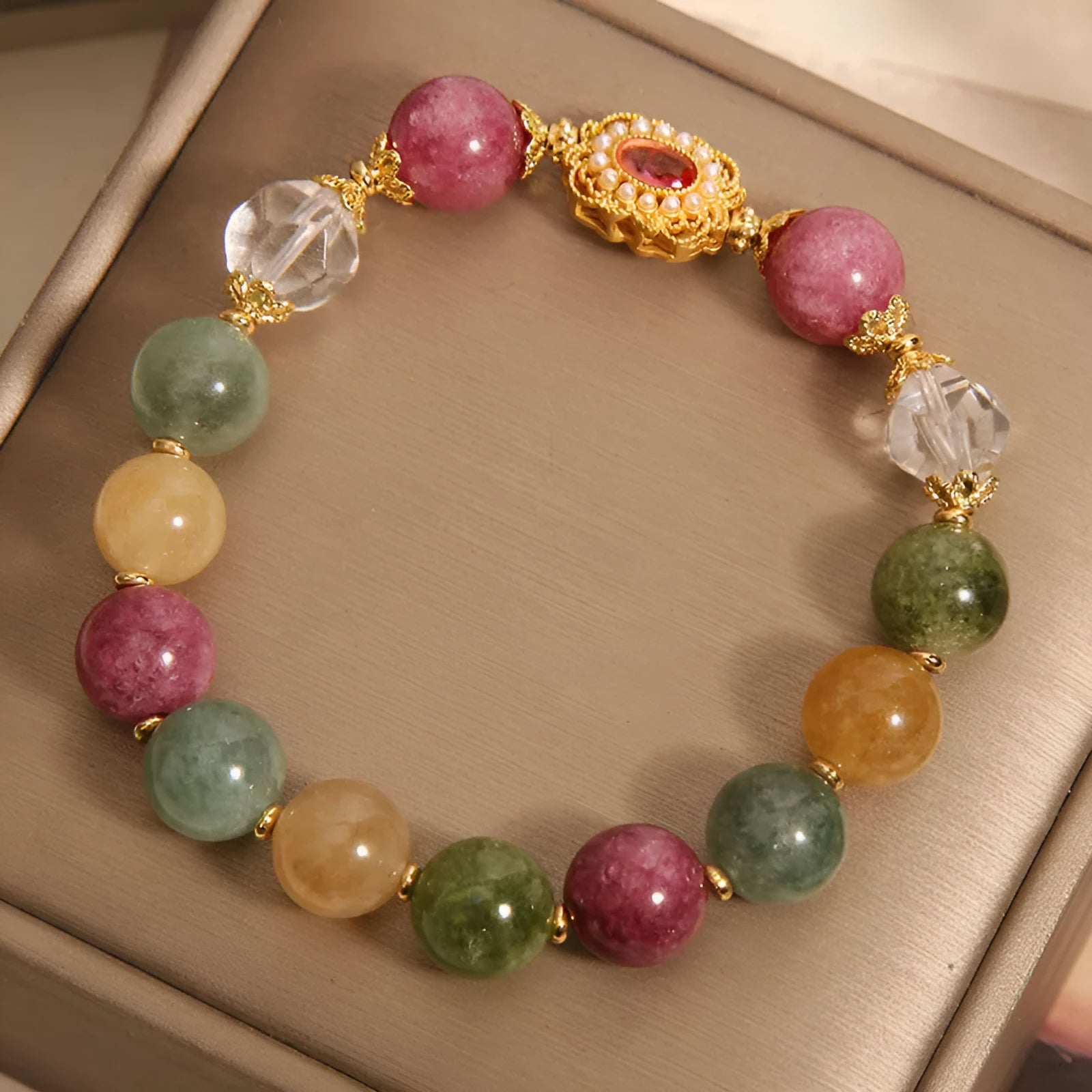 Jade colour tourmaline bracelet for women with round beads and rhinestone accents on alloy base