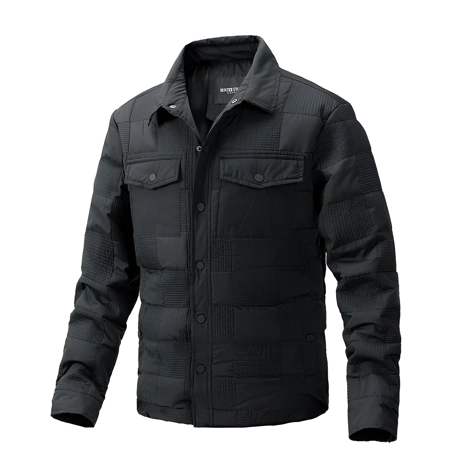 Men's quilted cotton jacket with polo collar in army green colour showing wool lining detail