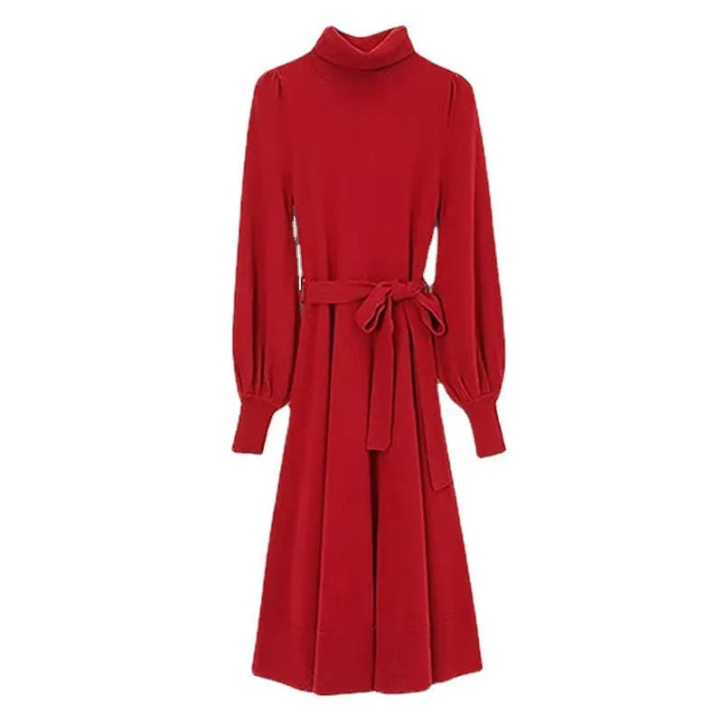 Rose red loose turtleneck knit dress with long sleeves and an elastic waist.
