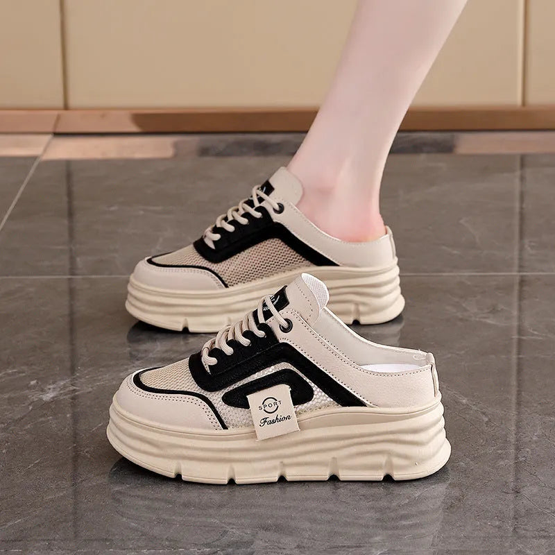 Women's breathable mesh half slippers with height-increasing insole in black, khaki or white