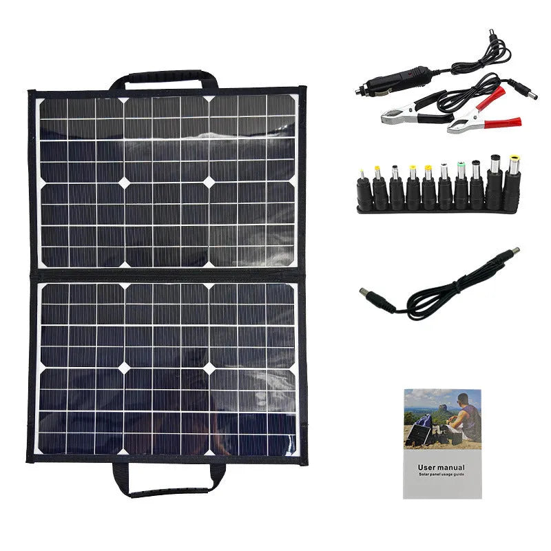 Black 40W solar panel folded inside a slim polyester bag, showing its compact 425mm by 285mm size.