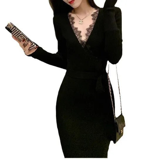 Black slim-fit women's formal skirt with a princess line silhouette on a hanger.