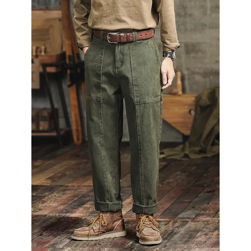 Men's retro cargo trousers in Army Green, cotton bevel cloth, loose straight leg, mid waist, sizes 28 to 38