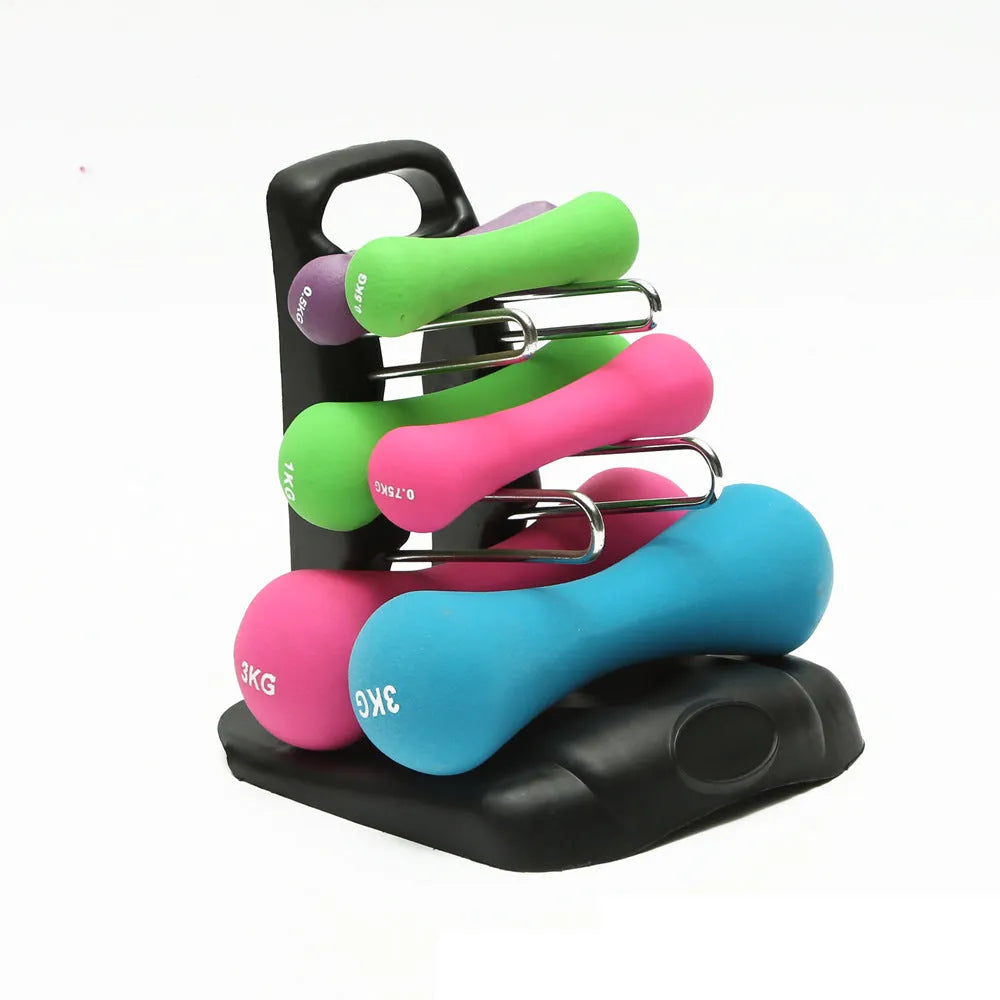 White PVC dumbbell rack fitness stand on gym floor, removable bracket for weight storage.