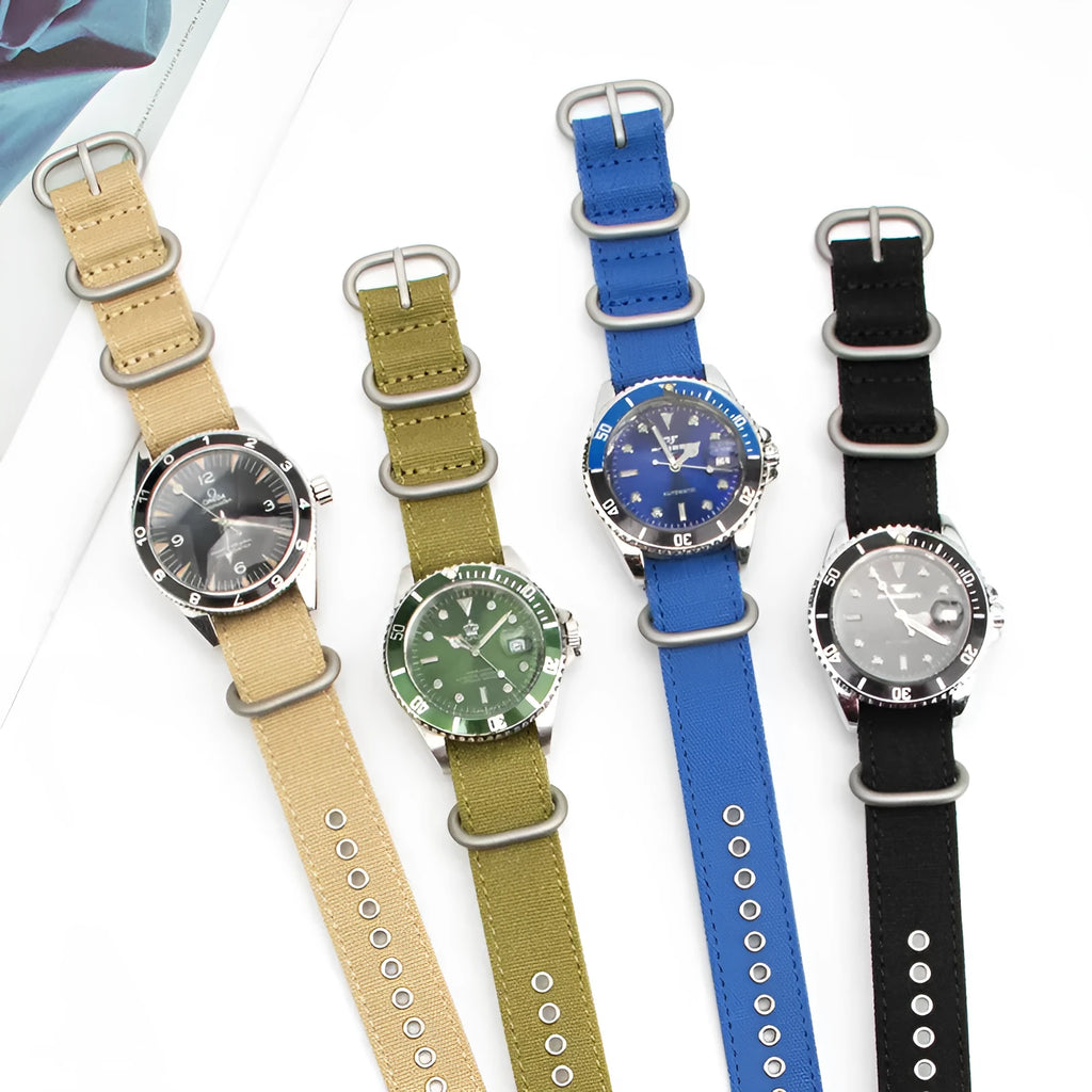 Canvas nylon thickened watch band in army green with silver buckle, 18mm to 26mm sizes available