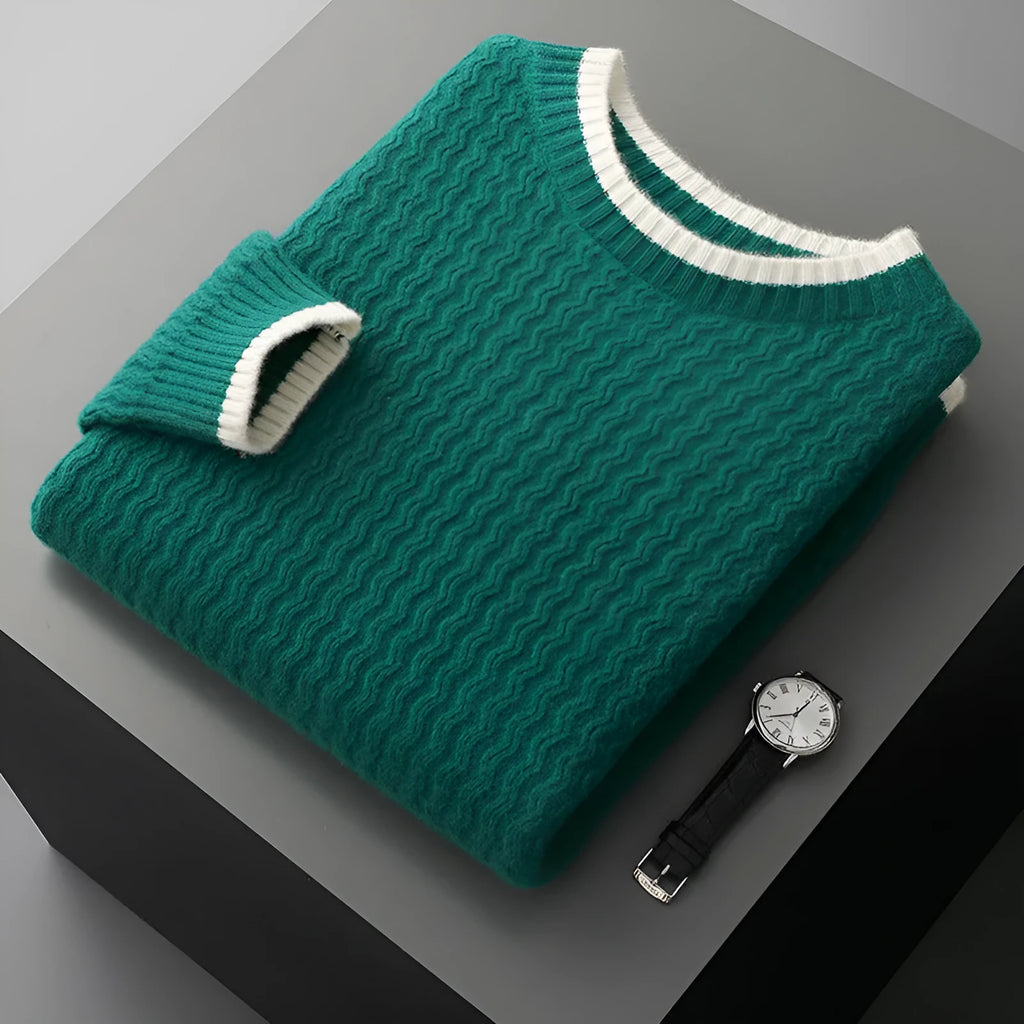 Men's round neck twisted design colour matching wool sweater in loose fit