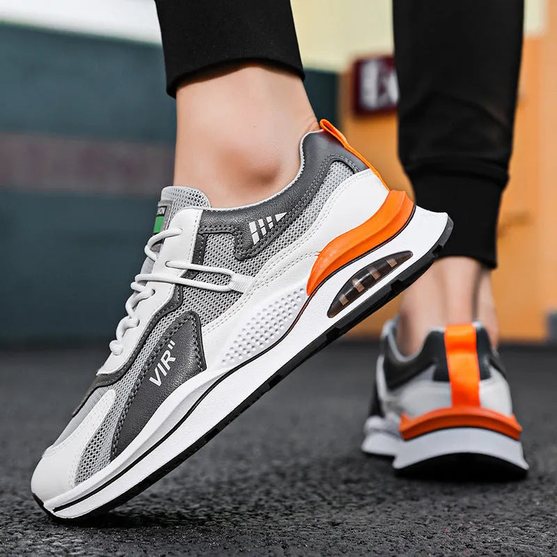 Men's grey mesh running shoes with round toe design and lightweight EVA sole