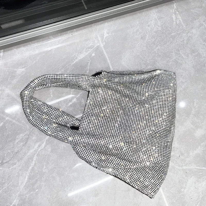 Silver cotton thread handbag with rhinestone decoration and open outer pocket