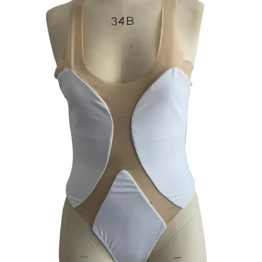 Women's white hollow mesh one-piece swimsuit with spandex lining, solid colour, European and American style