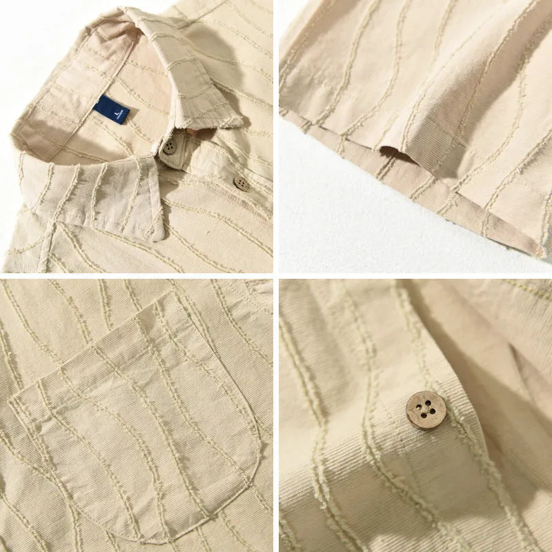 Men's apricot coloured pure cotton casual shirt with short sleeves and loose fit.