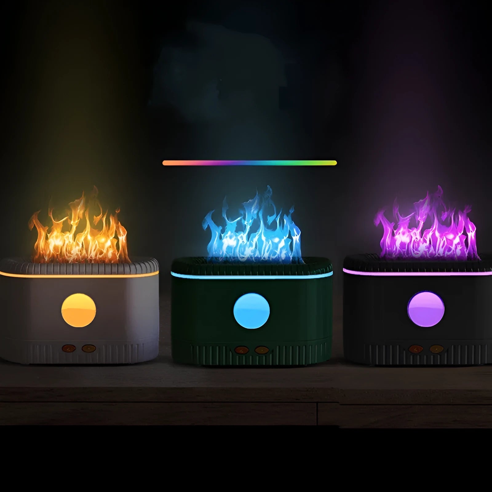 White desktop simulated flame atmosphere humidifier with square design and single mist outlet on a wooden table