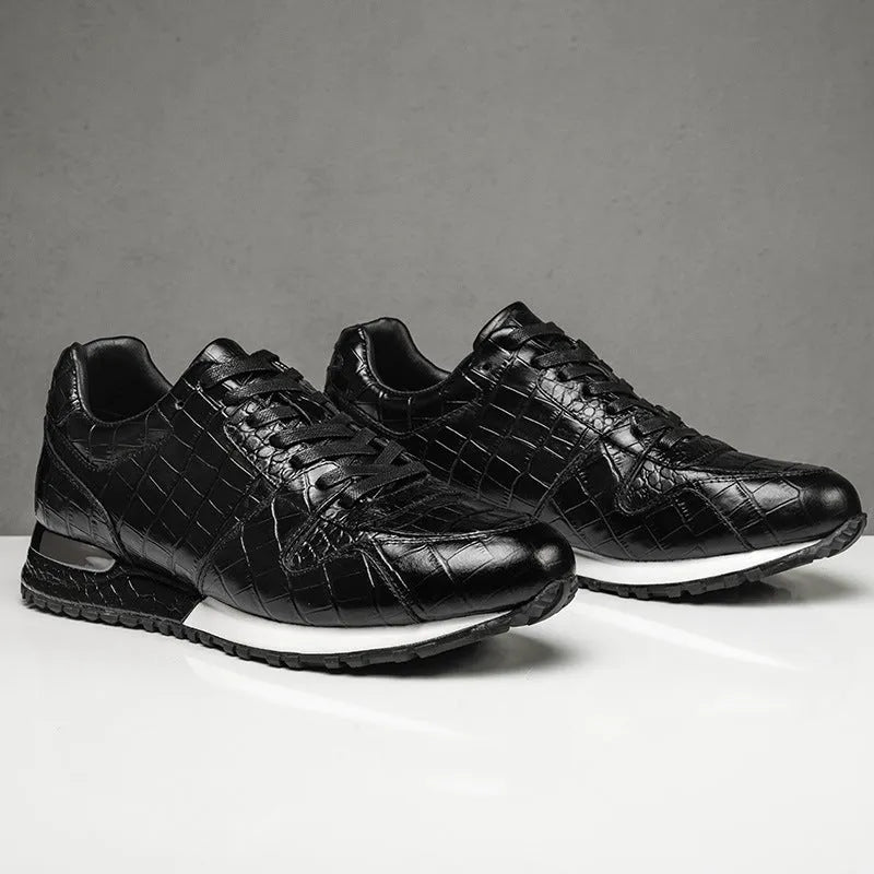 Crocodile pattern elevated leather shoes in black with wedge heel and rubber sole