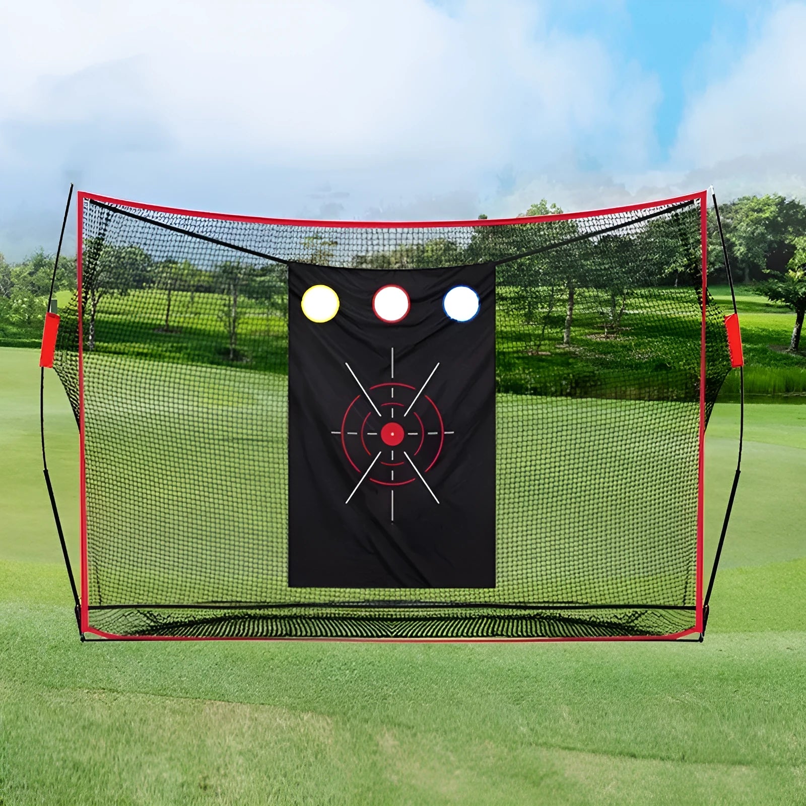 Golf wedge training net with 3-hole cross design and straw practice mat with accessories