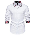 Men's blue plaid contrast long-sleeve shirt with a triangle collar, laid flat.