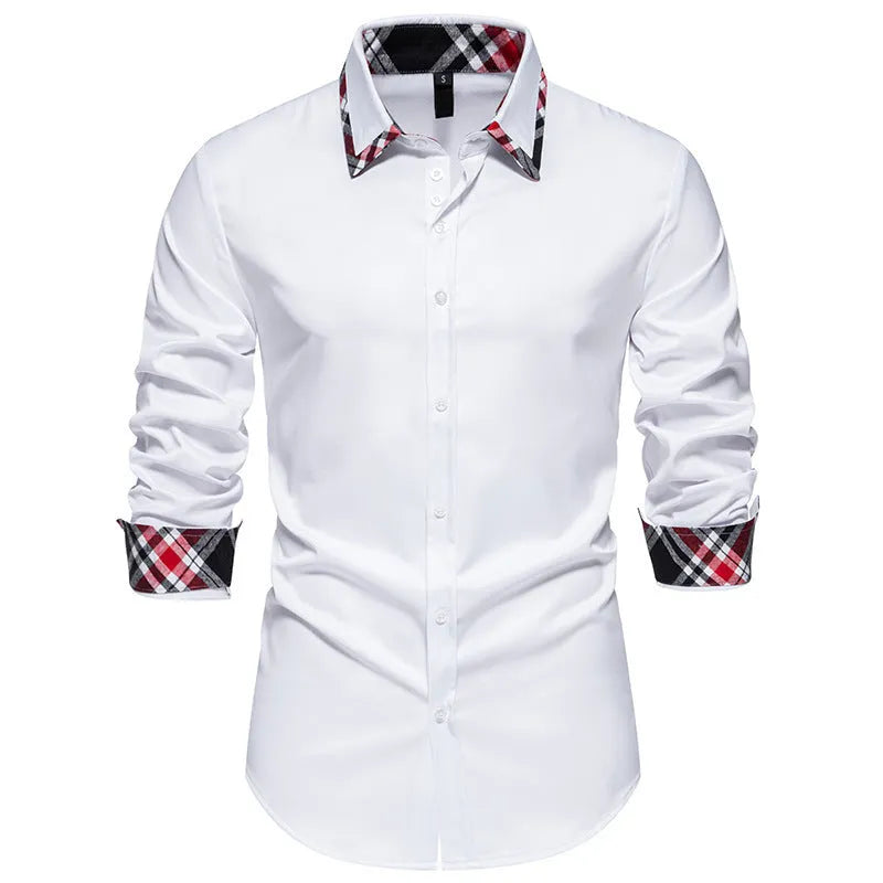 Men's blue plaid contrast long-sleeve shirt with a triangle collar, laid flat.
