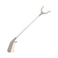 Stainless steel lengthened-handle garbage picker pliers with a push-type handle.