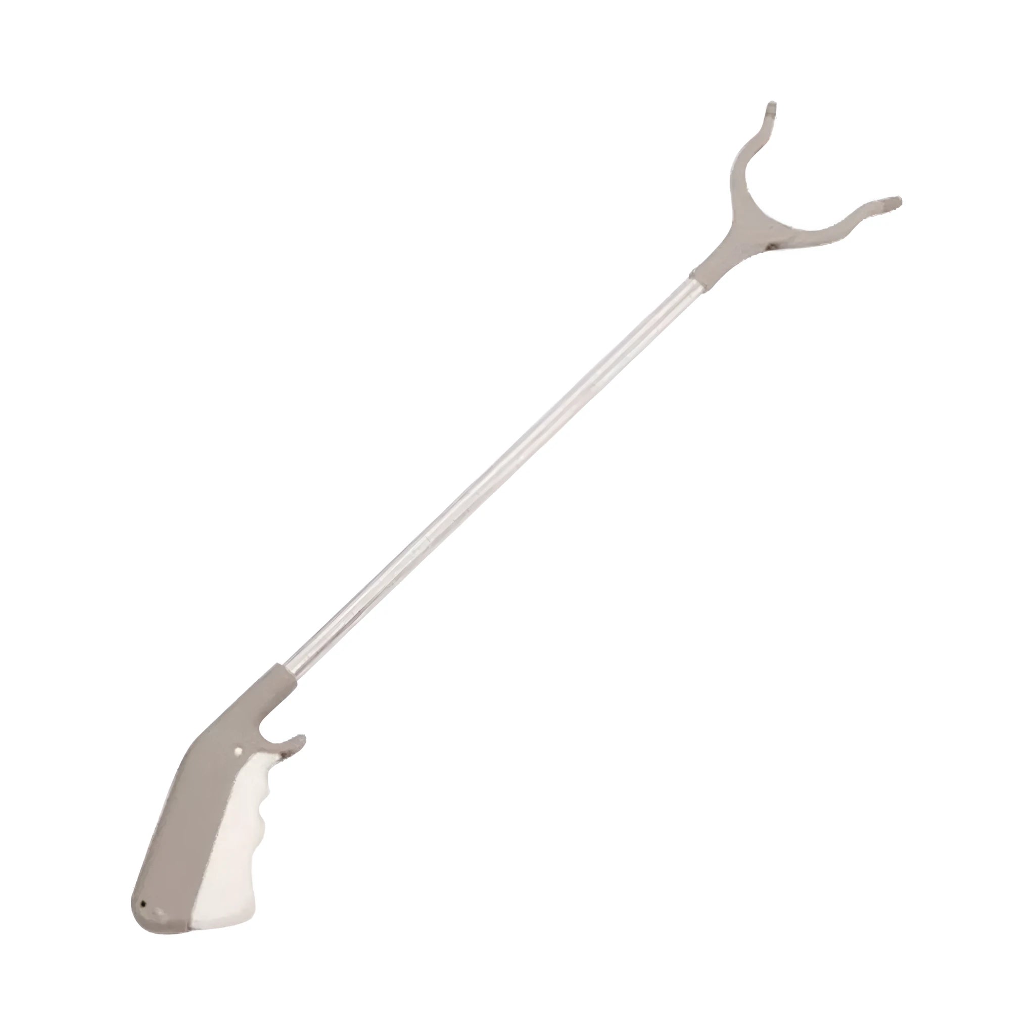 Stainless steel lengthened-handle garbage picker pliers with a push-type handle.