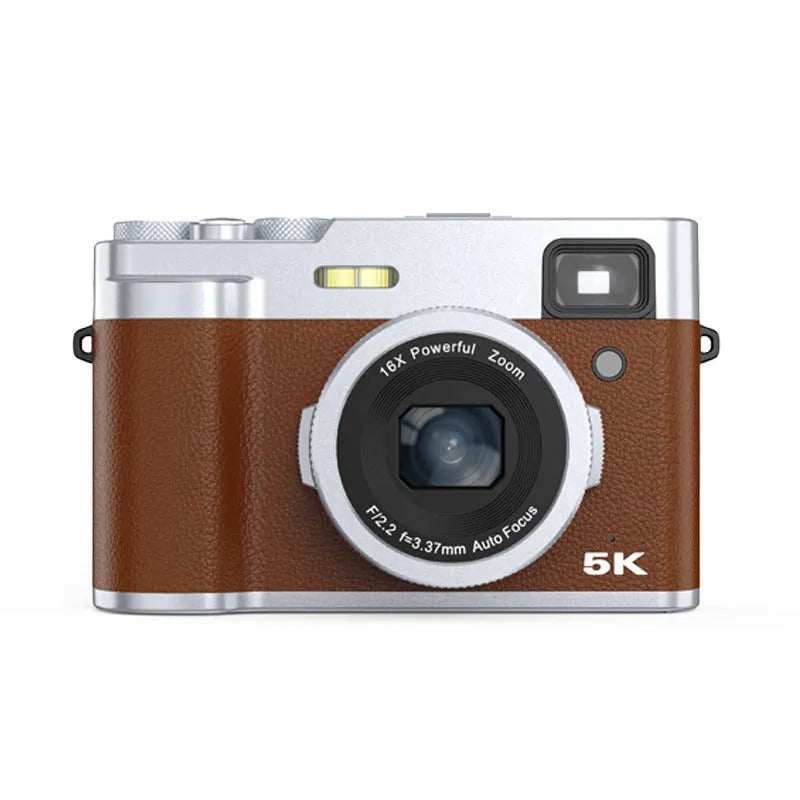 5K HD digital camera with dual front and rear cameras, 2.88-inch display, in black or brown colour