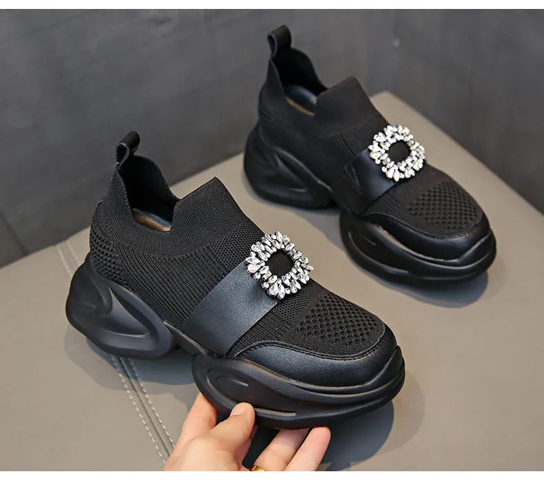Women's black mesh Baotou half slippers with rhinestone square buckle and PVC sole