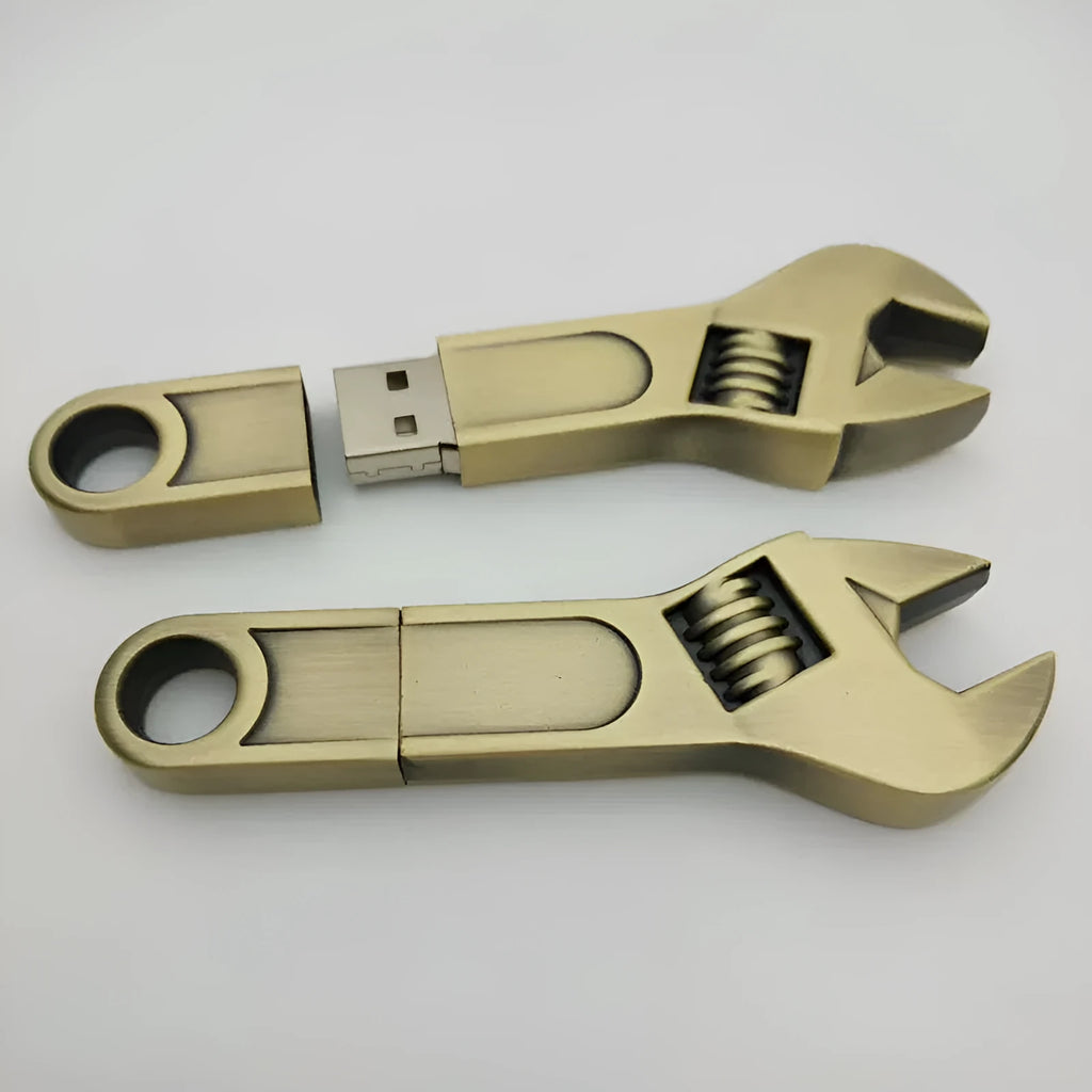 Metal wrench USB 3.0 flash drive with double-headed plum blossom design, metal shell, and small chain