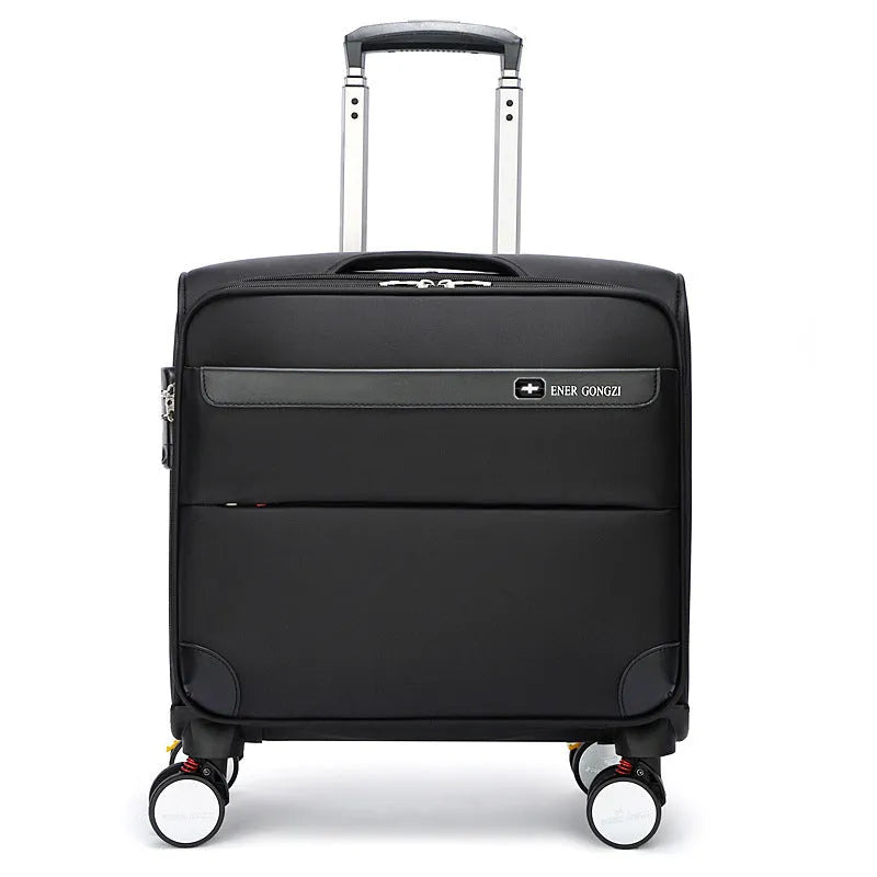 Black 18-inch Oxford cloth carry-on suitcase with retractable handle and four universal wheels.