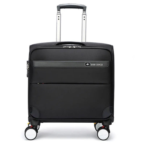 Black 18-inch Oxford cloth carry-on suitcase with retractable handle and four universal wheels.