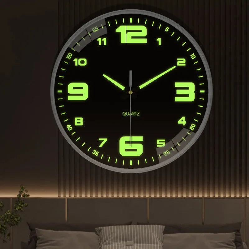 Modern white 8 inch wall clock with luminous numerals on plastic shell